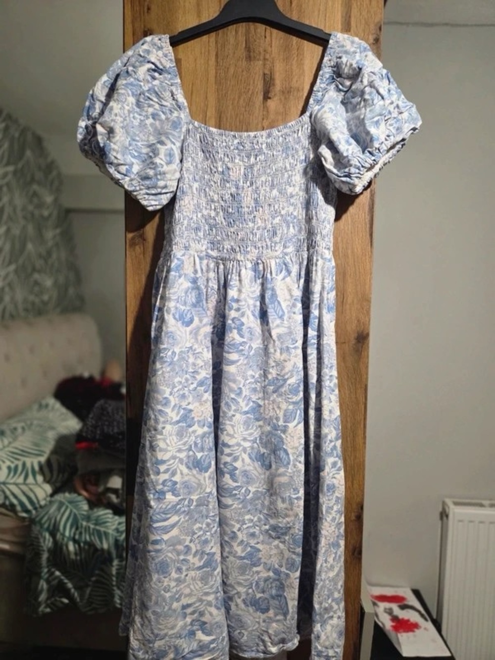 Blue Floral Smocked Midi Dress with Puff Sleeves